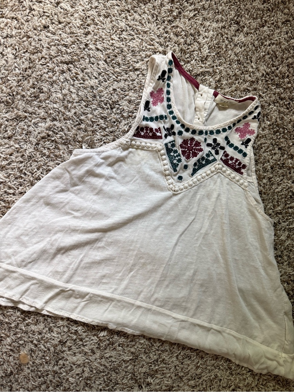Taylor & Sage Cream Tank Top with Pink & Dark Green Embroidery